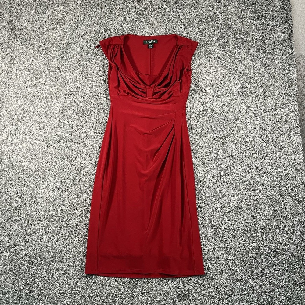 Lauren Ralph Lauren Dress Womens 0P Red Draped Cowl Neck Sleeveless Sheath